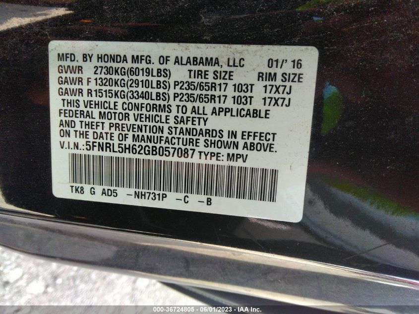 2016 HONDA ODYSSEY EX-L - 5FNRL5H62GB057087