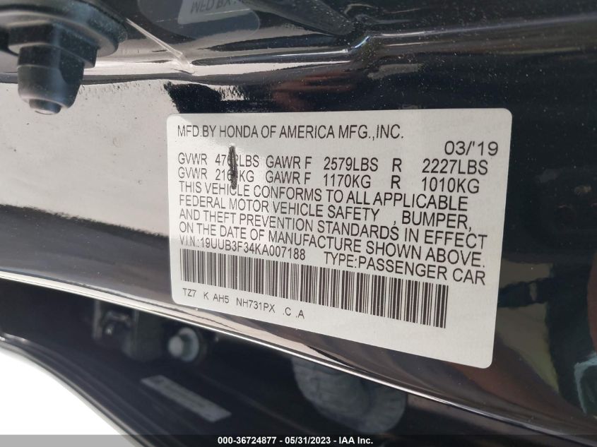 2019 ACURA TLX - 19UUB3F34KA007188