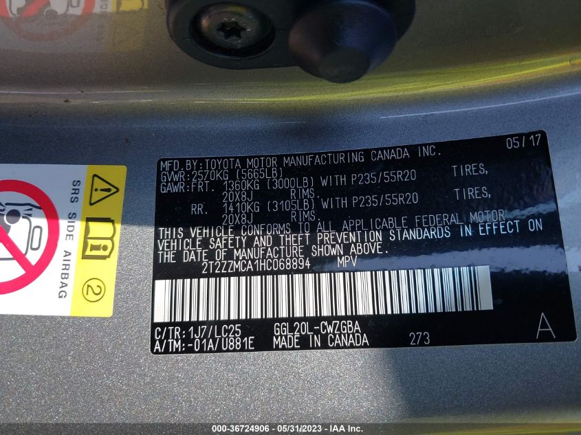 2017 LEXUS RX RX 350 - 2T2ZZMCA1HC068894