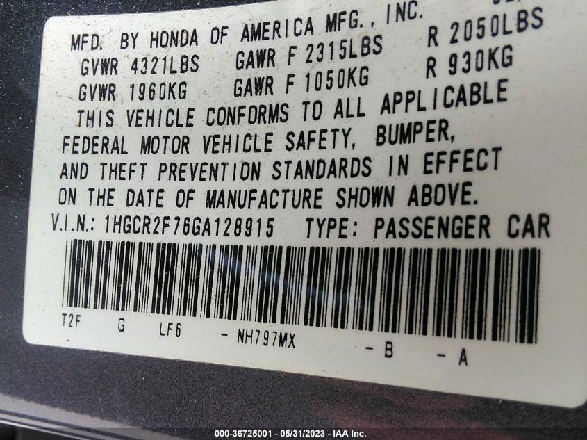 2016 HONDA ACCORD SEDAN EX - 1HGCR2F76GA128915