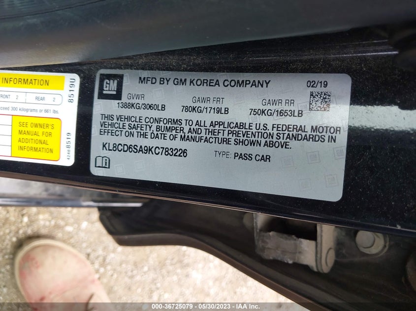 VIN KL8CD6SA9KC783226 2019 CHEVROLET SPARK 1LT