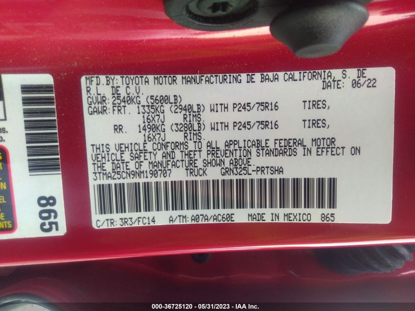 2022 TOYOTA TACOMA 2WD SR5/TRD SPORT - 3TMAZ5CN9NM190707
