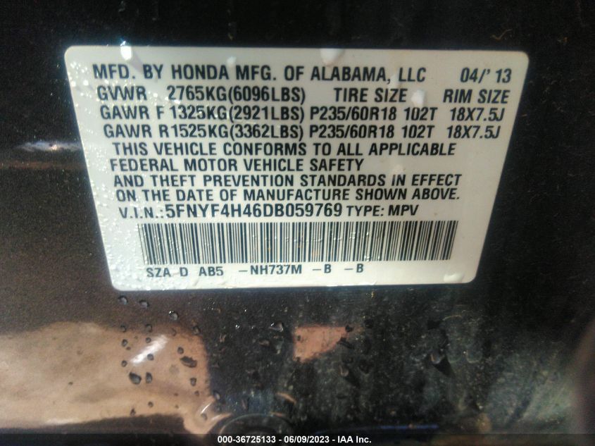 2013 HONDA PILOT EX - 5FNYF4H46DB059769