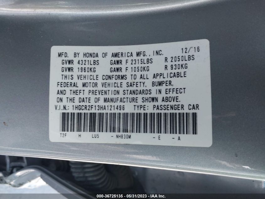 2017 HONDA ACCORD SEDAN SPORT SE - 1HGCR2F13HA121496