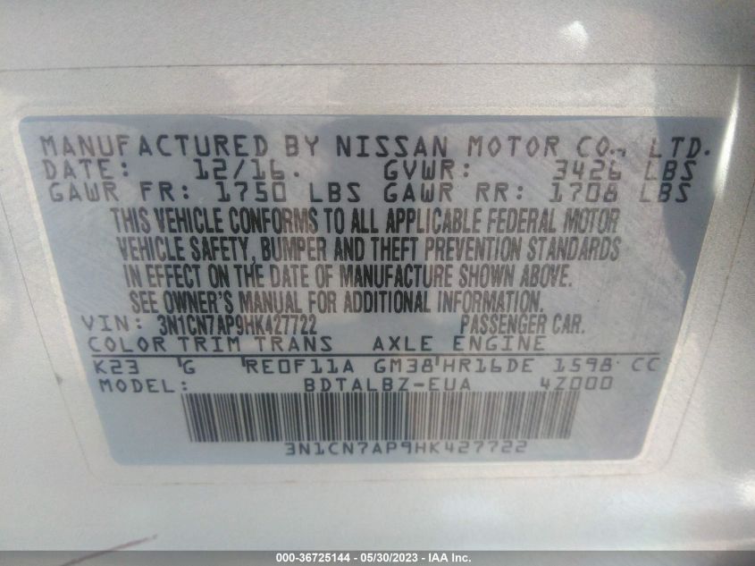 2017 NISSAN VERSA SEDAN SV - 3N1CN7AP9HK427722