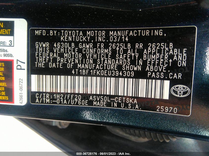 2014 TOYOTA CAMRY L/LE/XLE/SE/SE SPORT - 4T1BF1FK0EU394309