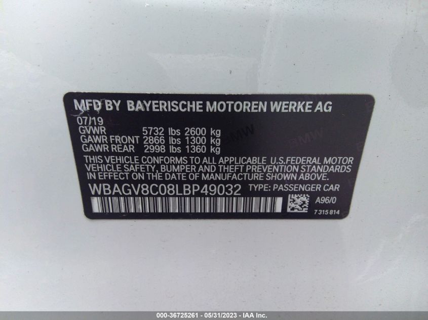 2020 BMW 8 SERIES M850I - WBAGV8C08LBP49032