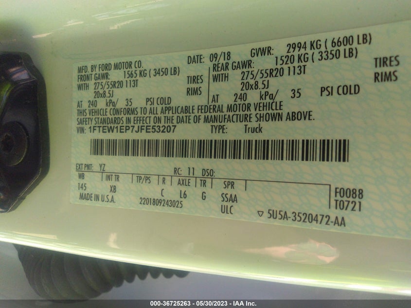 VIN 1FTEW1EP7JFE53207 2018 FORD F-150 XL/XLT/LARIAT