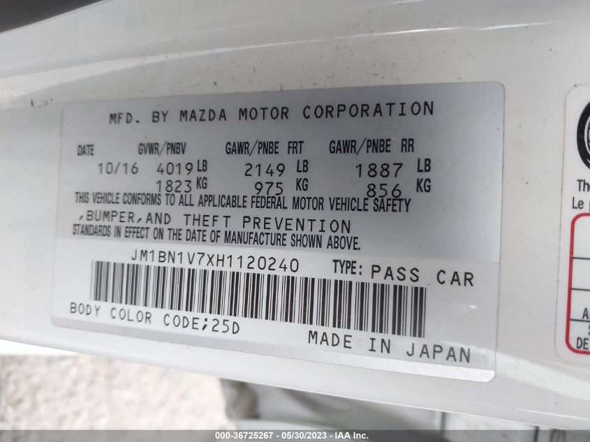 2017 MAZDA MAZDA3 4-DOOR TOURING - JM1BN1V7XH1120240