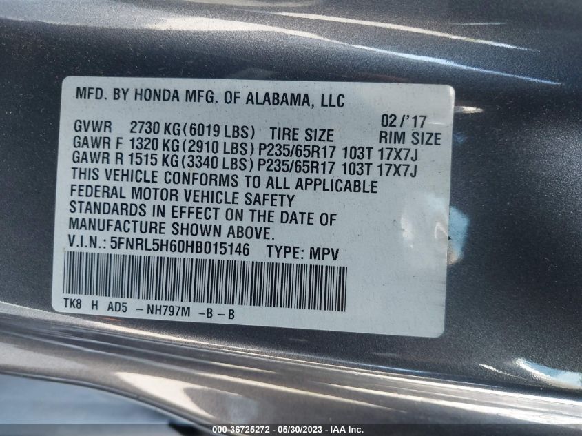 2017 HONDA ODYSSEY EX-L - 5FNRL5H60HB015146