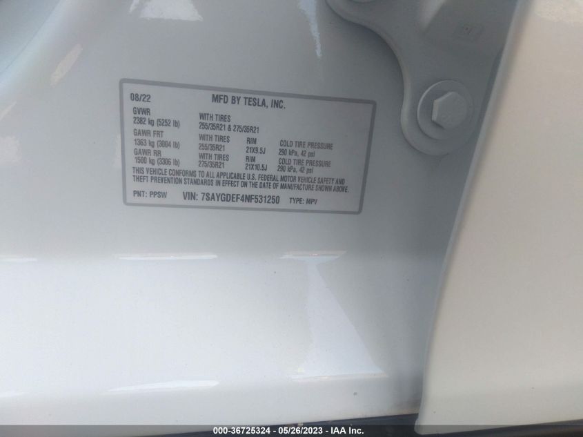 2022 TESLA MODEL Y PERFORMANCE - 7SAYGDEF4NF531250