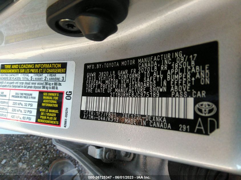 2018 TOYOTA COROLLA L/LE/XLE/SE/XSE - 2T1BURHE8JC975189