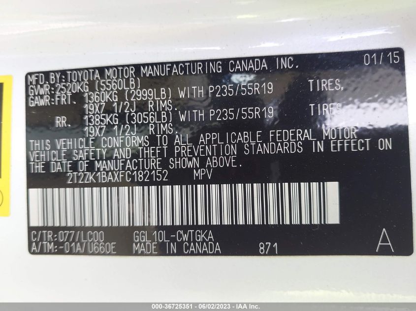 2015 LEXUS RX 350 - 2T2ZK1BAXFC182152