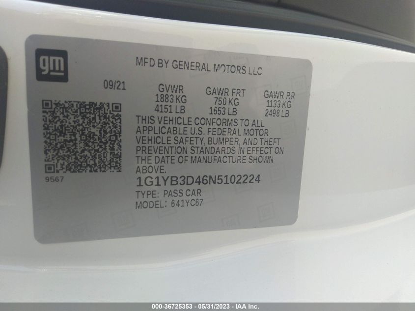 2022 CHEVROLET CORVETTE 2LT - 1G1YB3D46N5102224