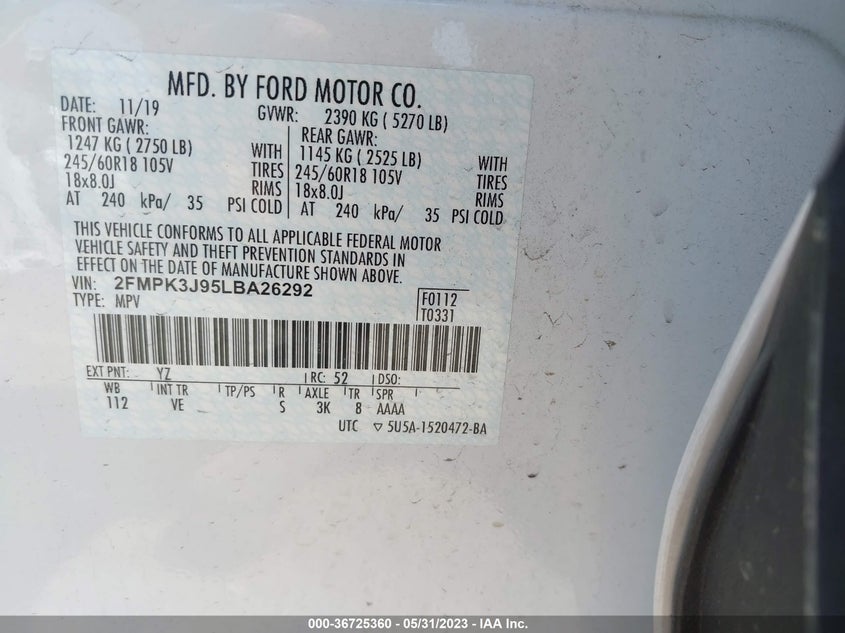 VIN 2FMPK3J95LBA26292 2020 FORD EDGE SEL/ST LINE