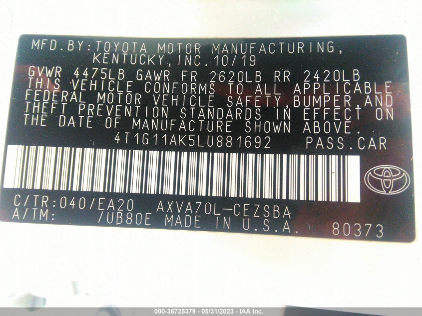 2020 TOYOTA CAMRY SE - 4T1G11AK5LU881692