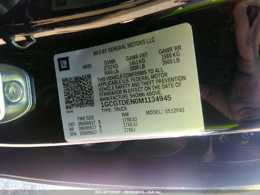 2021 CHEVROLET COLORADO 4WD Z71 - 1GCGTDEN0M1134945