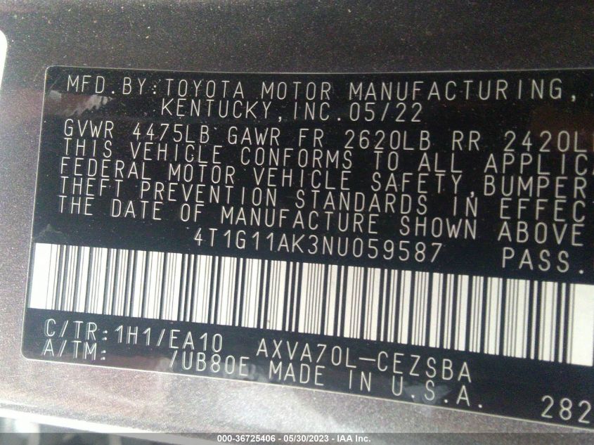 2022 TOYOTA CAMRY SE - 4T1G11AK3NU059587