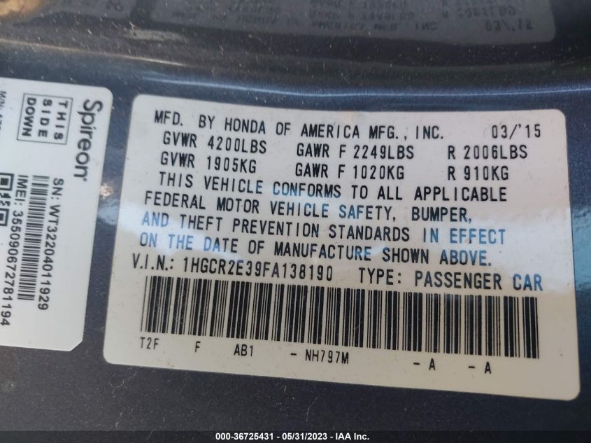 2015 HONDA ACCORD SEDAN LX - 1HGCR2E39FA138190