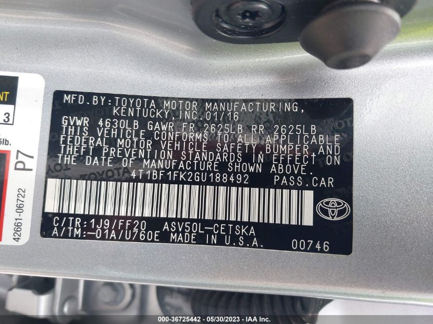 2016 TOYOTA CAMRY XLE/SE/LE/XSE - 4T1BF1FK2GU188492
