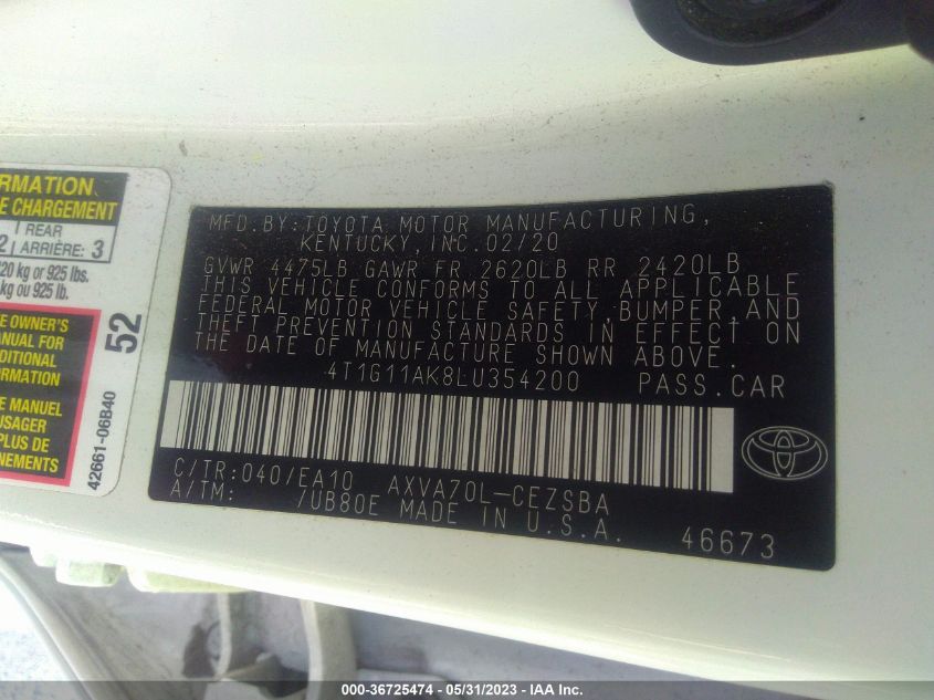 2020 TOYOTA CAMRY SE - 4T1G11AK8LU354200
