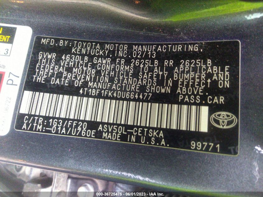 2013 TOYOTA CAMRY L/LE/SE/XLE - 4T1BF1FK4DU664477