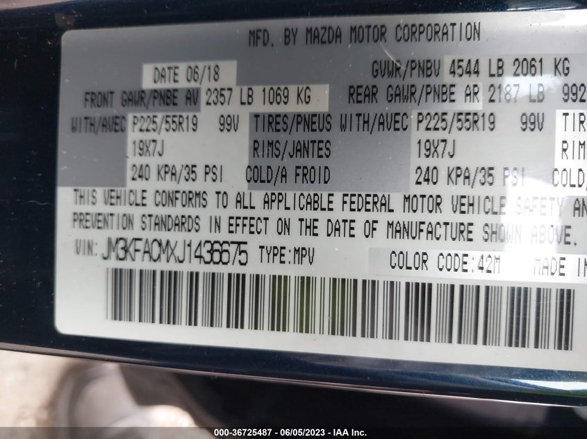 VIN JM3KFACMXJ1436675 2018 MAZDA CX-5 TOURING