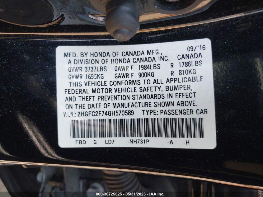 2016 HONDA CIVIC SEDAN EX - 2HGFC2F74GH570589