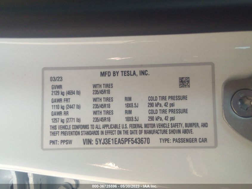 2023 TESLA MODEL 3 - 5YJ3E1EA5PF543670
