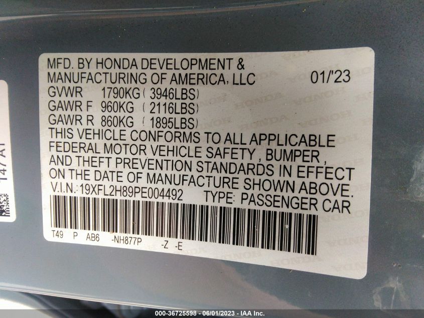 2023 HONDA CIVIC HATCHBACK SPORT - 19XFL2H89PE004492