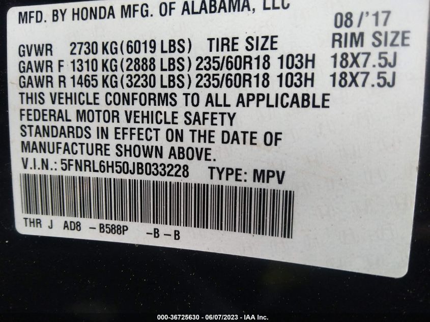 2018 HONDA ODYSSEY EX - 5FNRL6H50JB033228