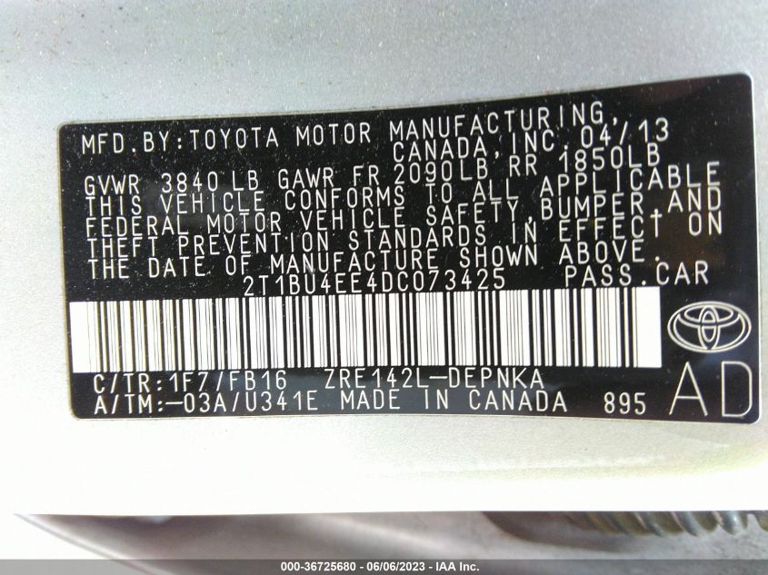 2013 TOYOTA COROLLA L/LE/S - 2T1BU4EE4DC073425