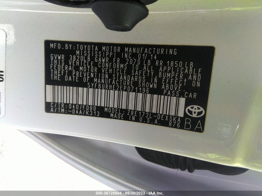 2014 TOYOTA COROLLA L/LE/S/S PLUS/LE PLUS - 5YFBURHE2EP071196