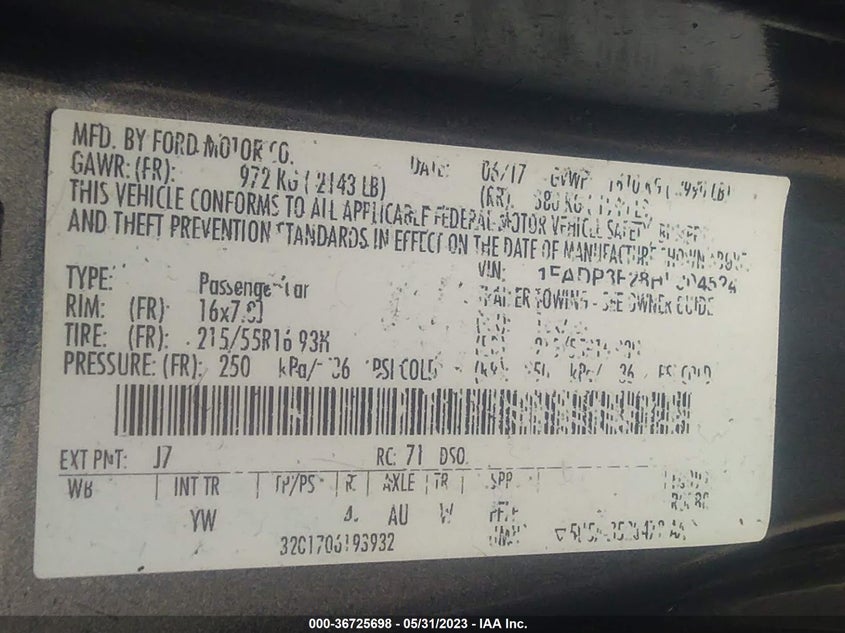 VIN 1FADP3F28HL304524 2017 FORD FOCUS SE