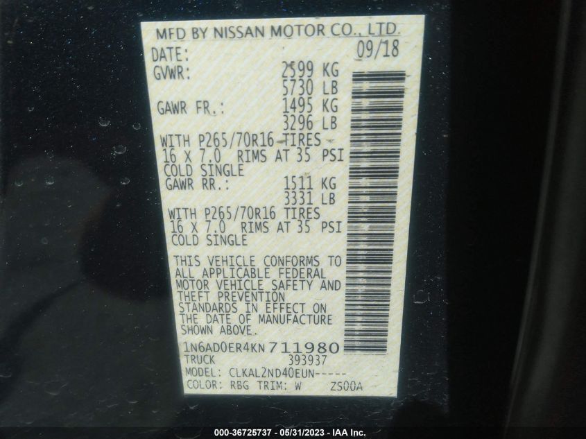 2019 NISSAN FRONTIER SV - 1N6AD0ER4KN711980