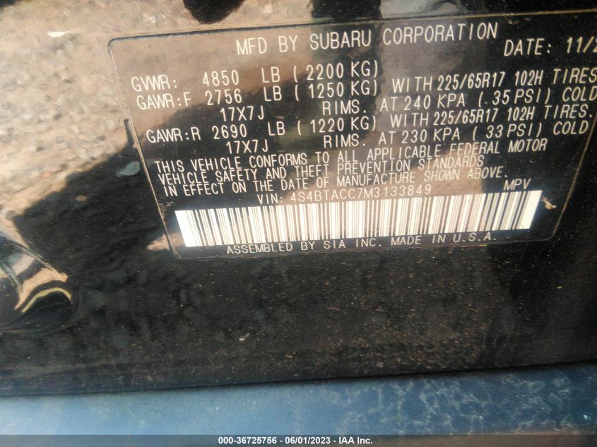 2021 SUBARU OUTBACK PREMIUM - 4S4BTACC7M3133849