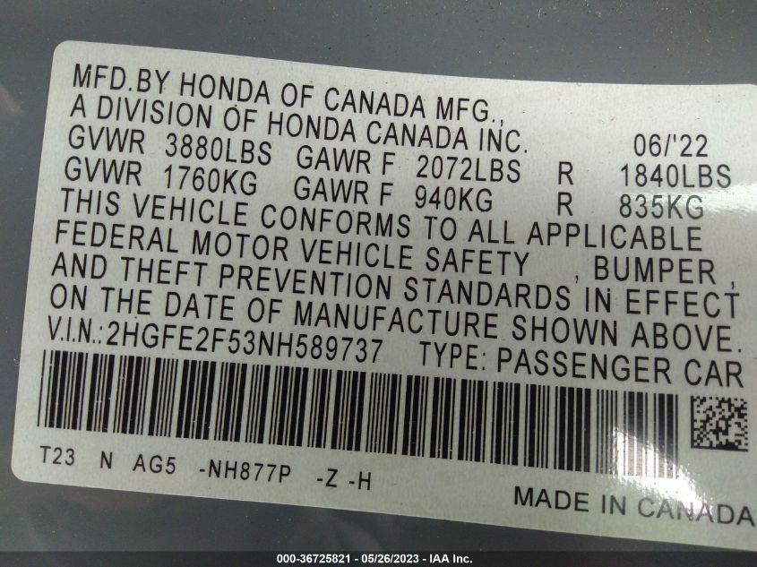 2022 HONDA CIVIC SEDAN SPORT - 2HGFE2F53NH589737