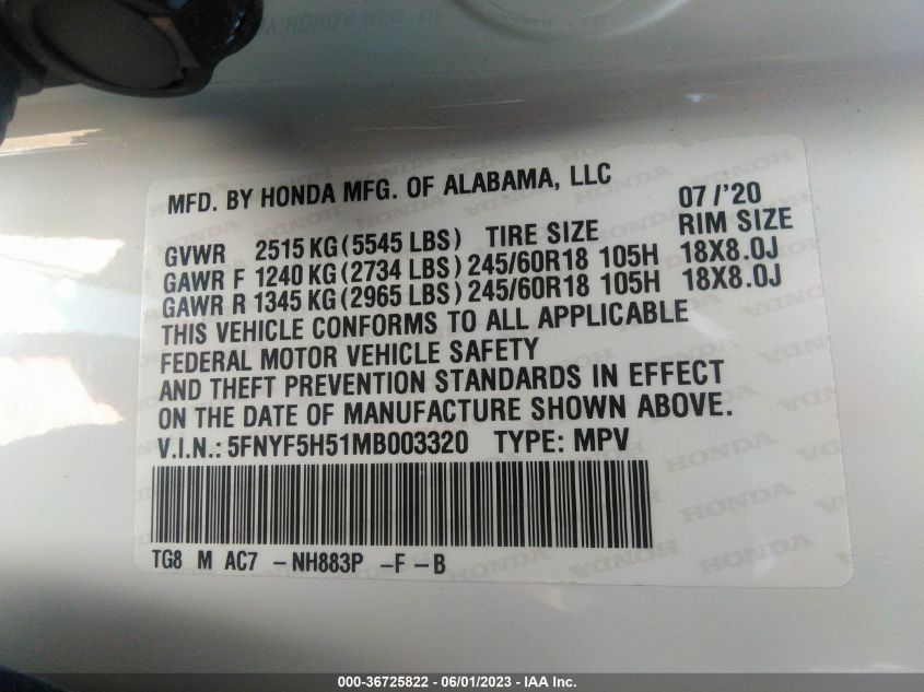 2021 HONDA PILOT EX-L - 5FNYF5H51MB003320