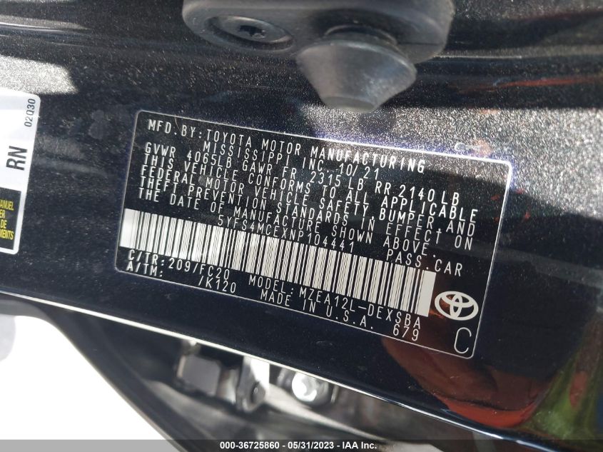 2022 TOYOTA COROLLA SE/SE NIGHTSHADE/APEX SE - 5YFS4MCEXNP104441