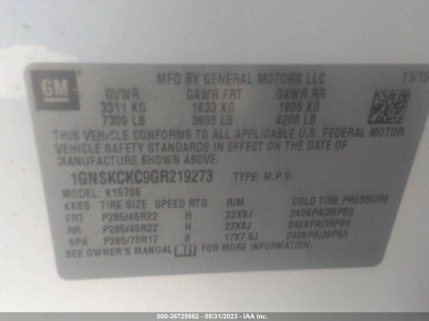 2016 CHEVROLET TAHOE LTZ - 1GNSKCKC9GR219273