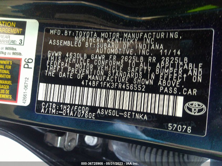 2015 TOYOTA CAMRY XLE/SE/LE/XSE - 4T4BF1FK3FR456552