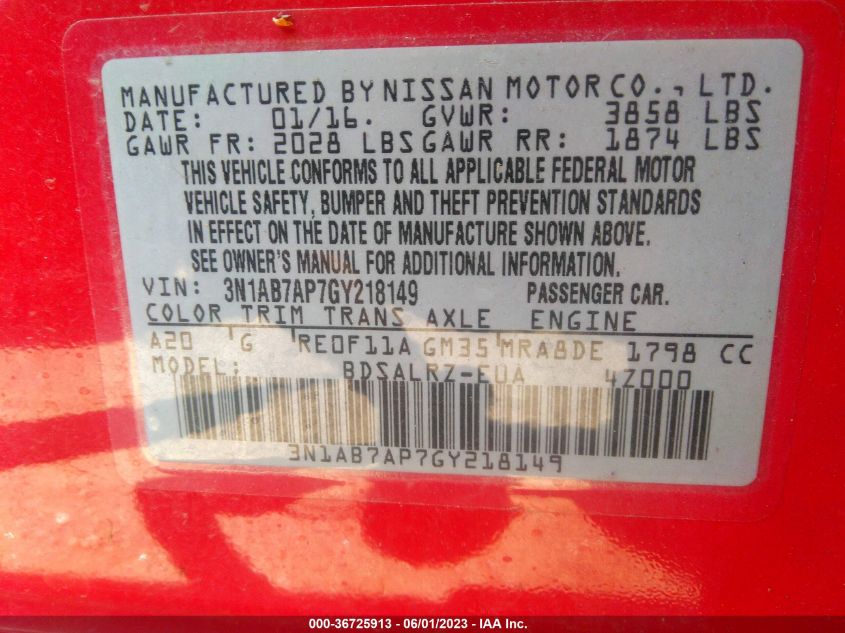 2016 NISSAN SENTRA SR - 3N1AB7AP7GY218149
