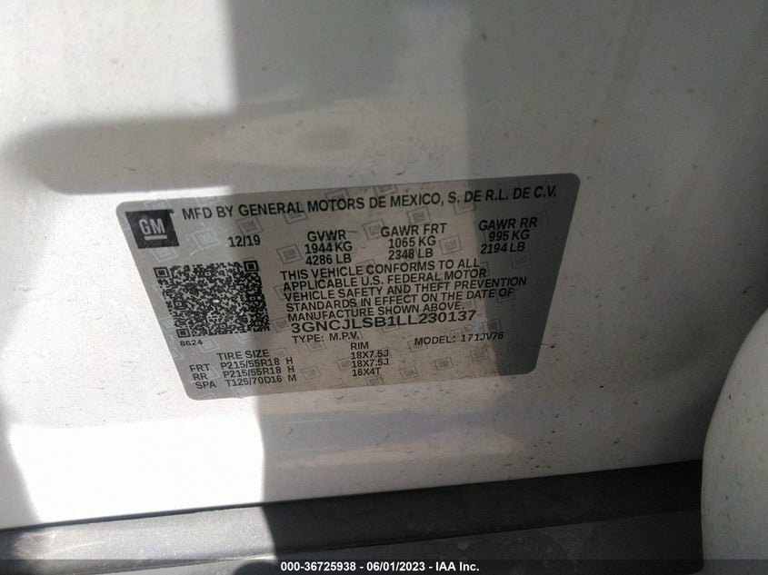 VIN 3GNCJLSB1LL230137 2020 CHEVROLET TRAX LT