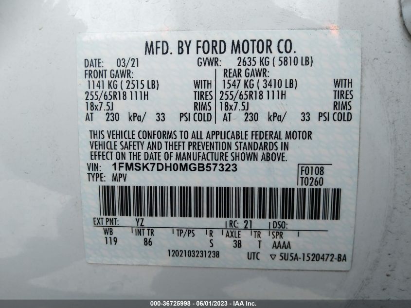 2021 FORD EXPLORER XLT - 1FMSK7DH0MGB57323