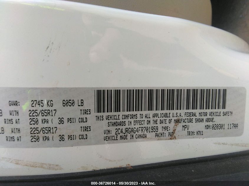 2015 RAM CARGO VAN TRADESMAN 2C4JRGAG4FR701959