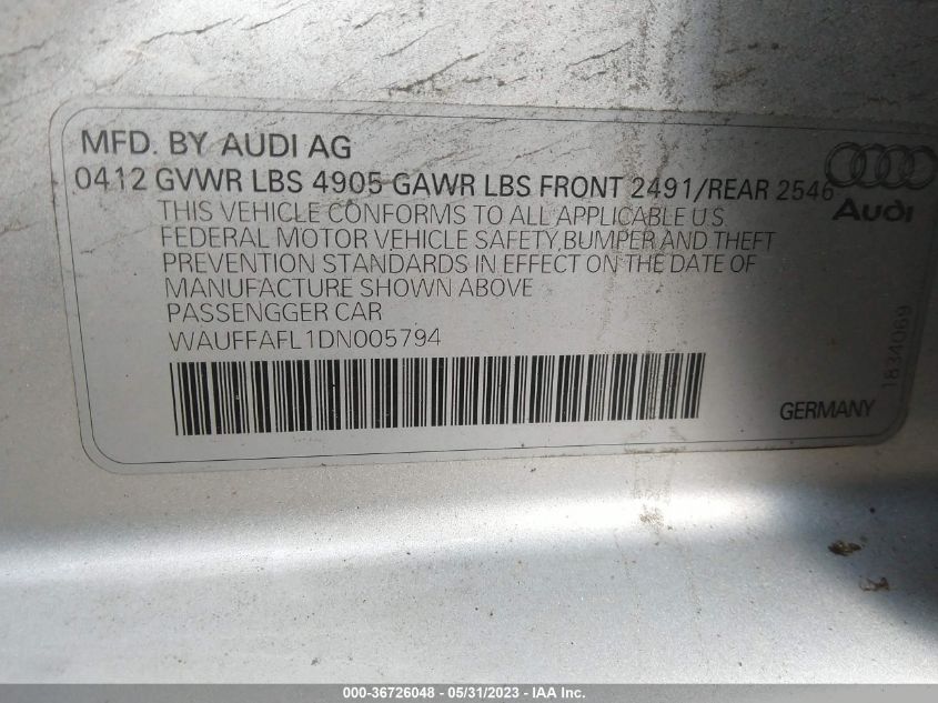 2013 AUDI A4 PREMIUM PLUS - WAUFFAFL1DN005794