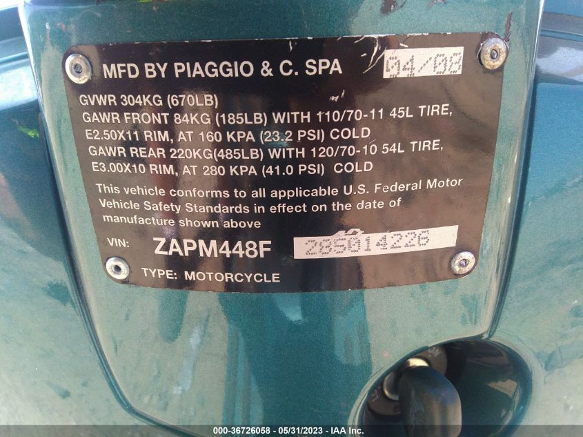 2008 VESPA LX 150 ZAPM448F285014226