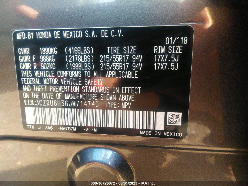 2018 HONDA HR-V LX - 3CZRU6H36JM714740