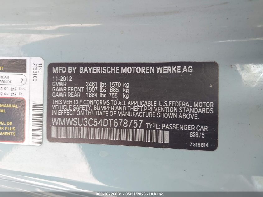 2013 MINI COOPER HARDTOP - WMWSU3C54DT678757