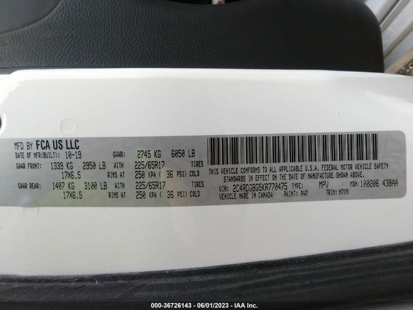 2019 DODGE GRAND CARAVAN SE PLUS - 2C4RDGBG5KR770475